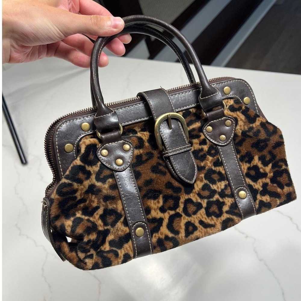 Leopard Print Faux Fur Satchel Handbag Womens Brown Y2K Style Bag